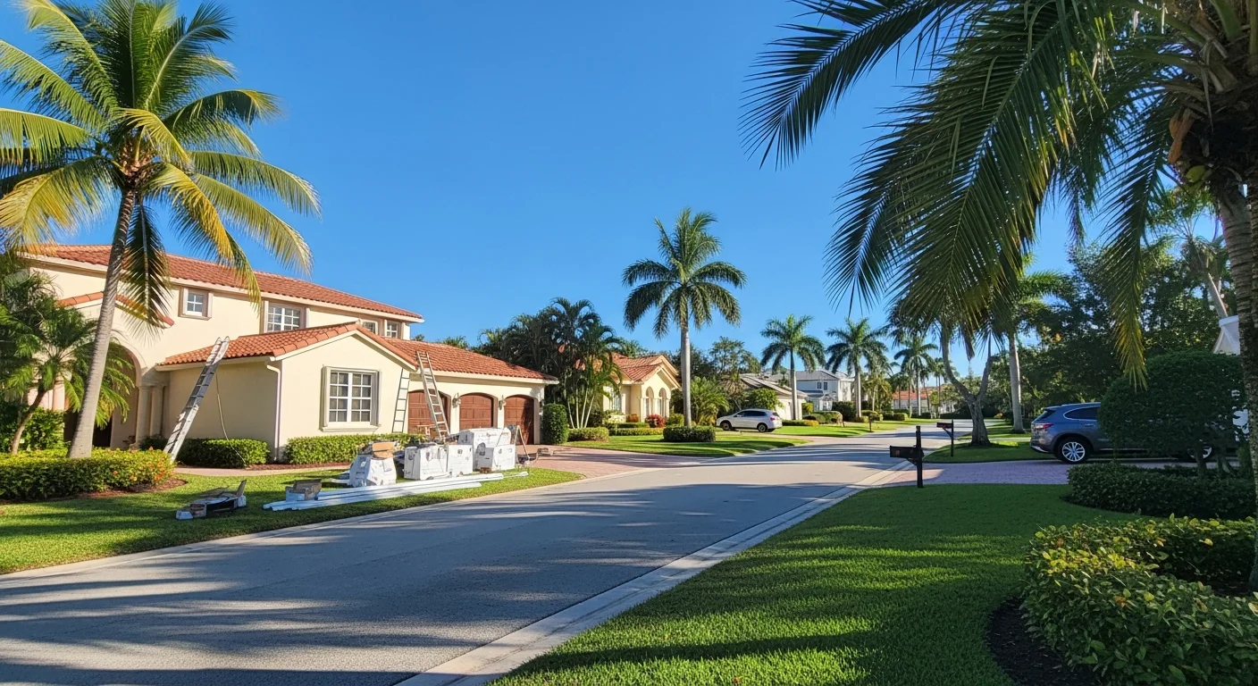 Residential street in Boca Raton with palm trees and well-maintained homes under clear blue sky.