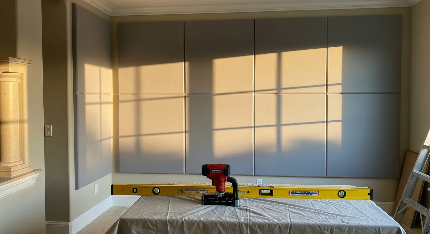 Acoustical wall panels installed floor-to-ceiling along the interior wall of a Boca Raton home office, showing clean panel alignment and a neutral finish. The room features tile flooring and natural light from a side window typical of South Florida residential interiors.