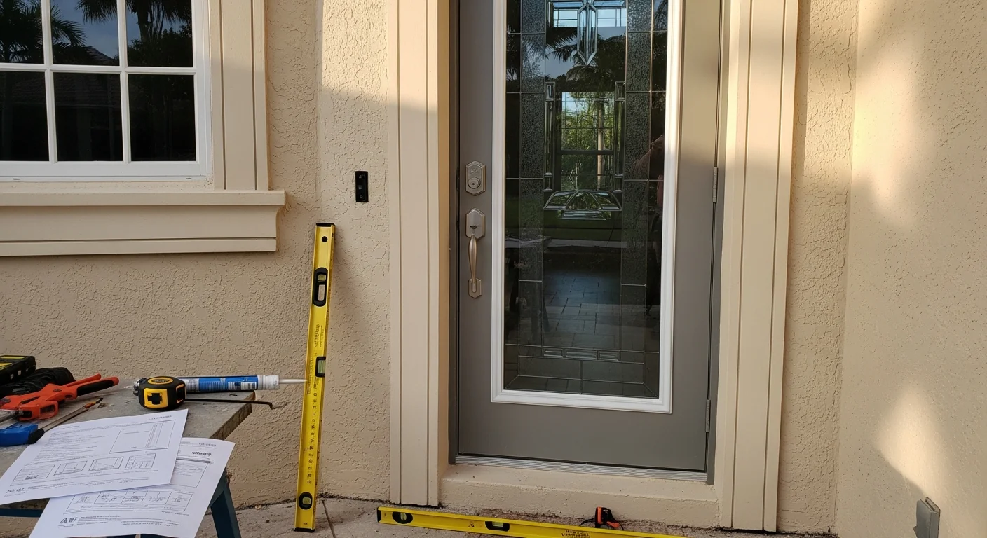 A newly installed impact-rated exterior entry door on a single-family home in Boca Raton, Florida, with clean framing and a closed, flush fit. The door is photographed from the exterior showing the full frame, hardware, and surrounding facade in a residential Palm Beach County setting.