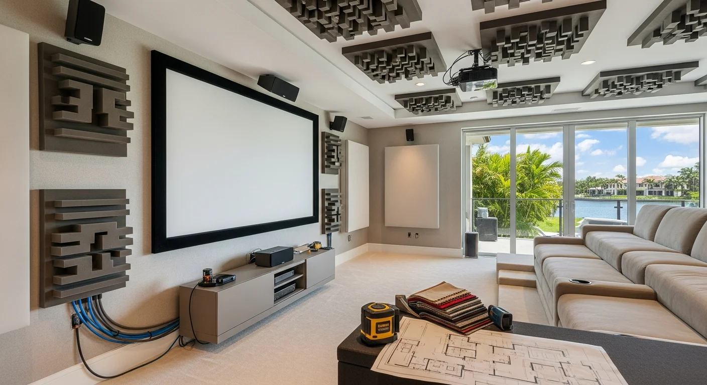 A finished home theater room in a Boca Raton residence featuring tiered seating, recessed lighting, and a large wall-mounted display with clean cable management. The interior trim and wall finishes coordinate with the surrounding living space in a South Florida luxury home.