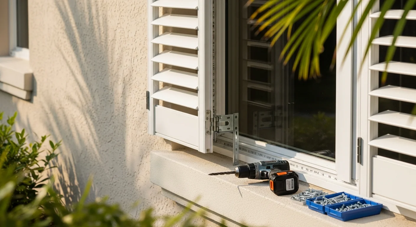 A Boca Raton home with professionally installed hurricane shutters fully closed across all front-facing windows and the main entry door. The shutters are mounted flush to the exterior wall, showing a clean fit on a single-story residential property.