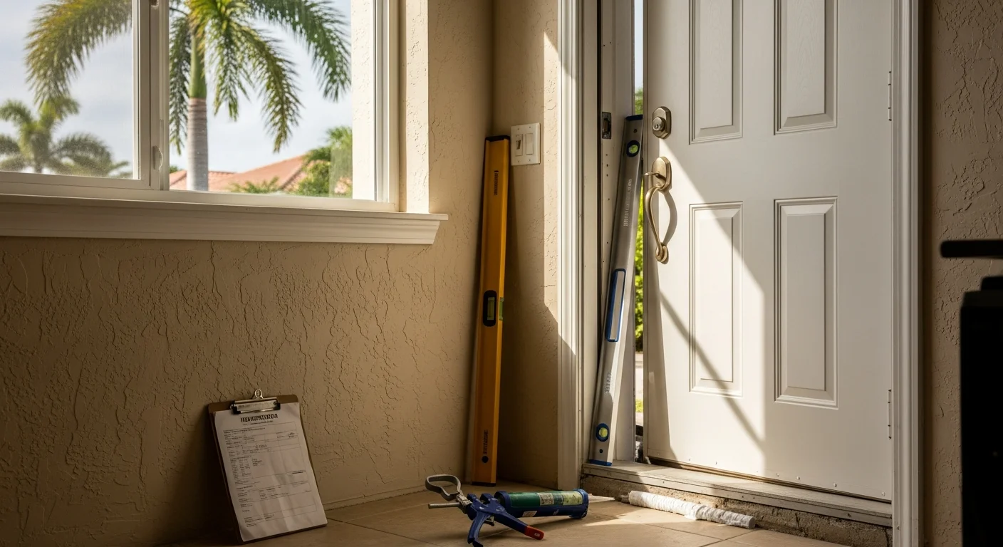 A newly installed impact-rated entry door on a single-family home in Boca Raton, Florida, with a reinforced frame and laminated glass panel visible from the exterior. The surrounding facade shows a coastal residential setting typical of Palm Beach County.