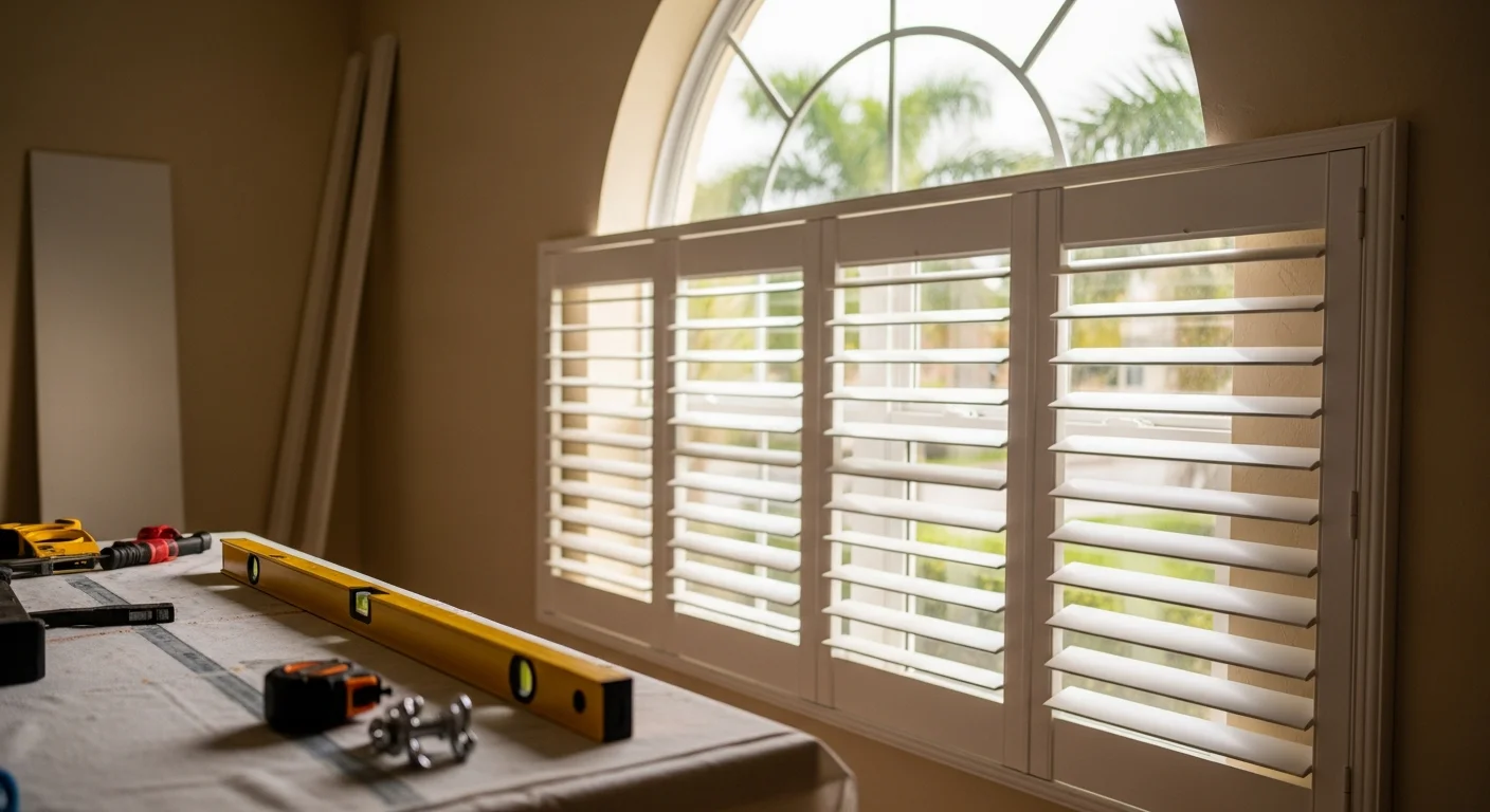 Freshly installed white plantation shutters on large windows inside a Boca Raton home, with louvers angled open to filter bright South Florida afternoon light. The shutters sit flush within the window frame, showing clean reveals and smooth panel alignment across a sun-filled living room.