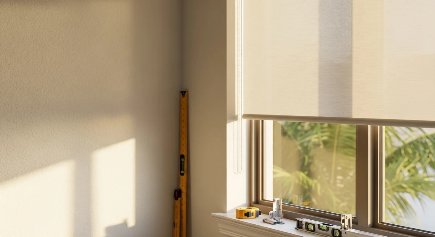 A Boca Raton living room with newly installed roller shades on large south-facing windows, shades partially lowered to filter bright afternoon sunlight. Clean white brackets are mounted inside the window frame with the shade fabric hanging flat and even.