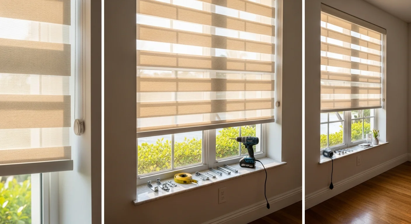 Professionally installed solar shades on large west-facing windows in a Boca Raton living room, with soft filtered light entering and outdoor landscaping visible through the mesh fabric. Close-up shows level mounting hardware and clean shade edges against white window trim.