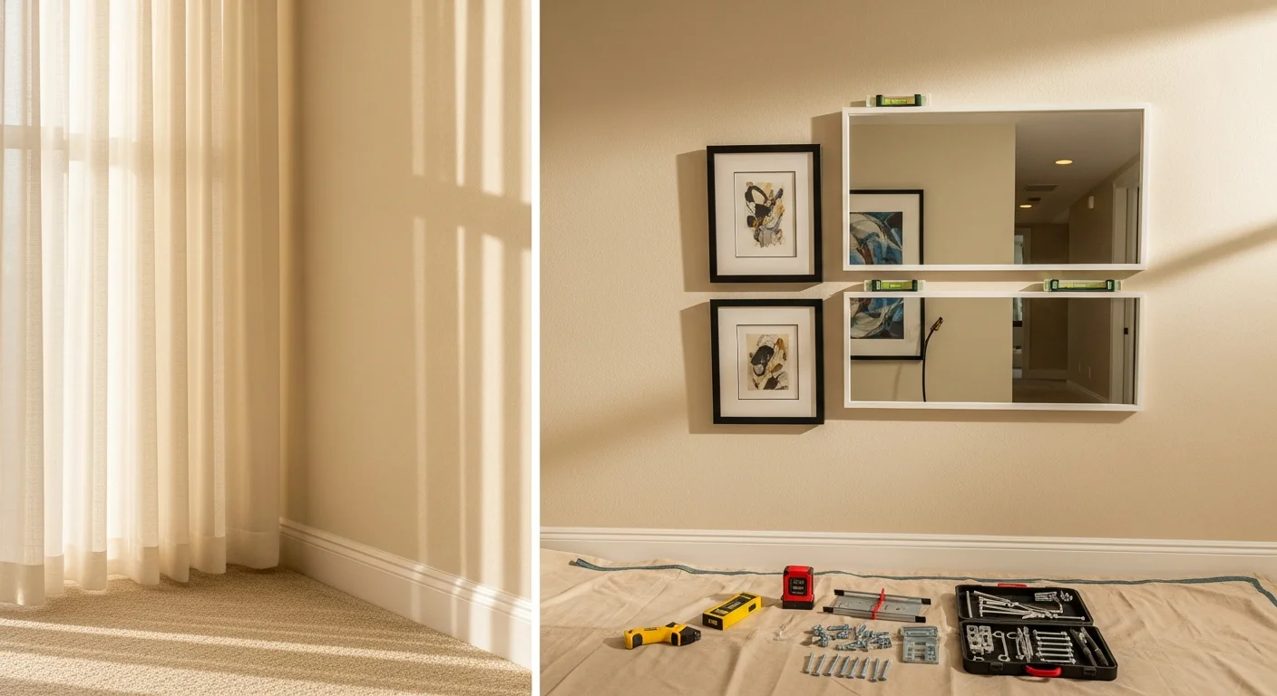 A professionally installed gallery wall of framed coastal artwork in a Boca Raton living room with high ceilings and light-toned walls. Multiple frames are evenly spaced and level, mounted above a neutral sofa in a finished interior space.