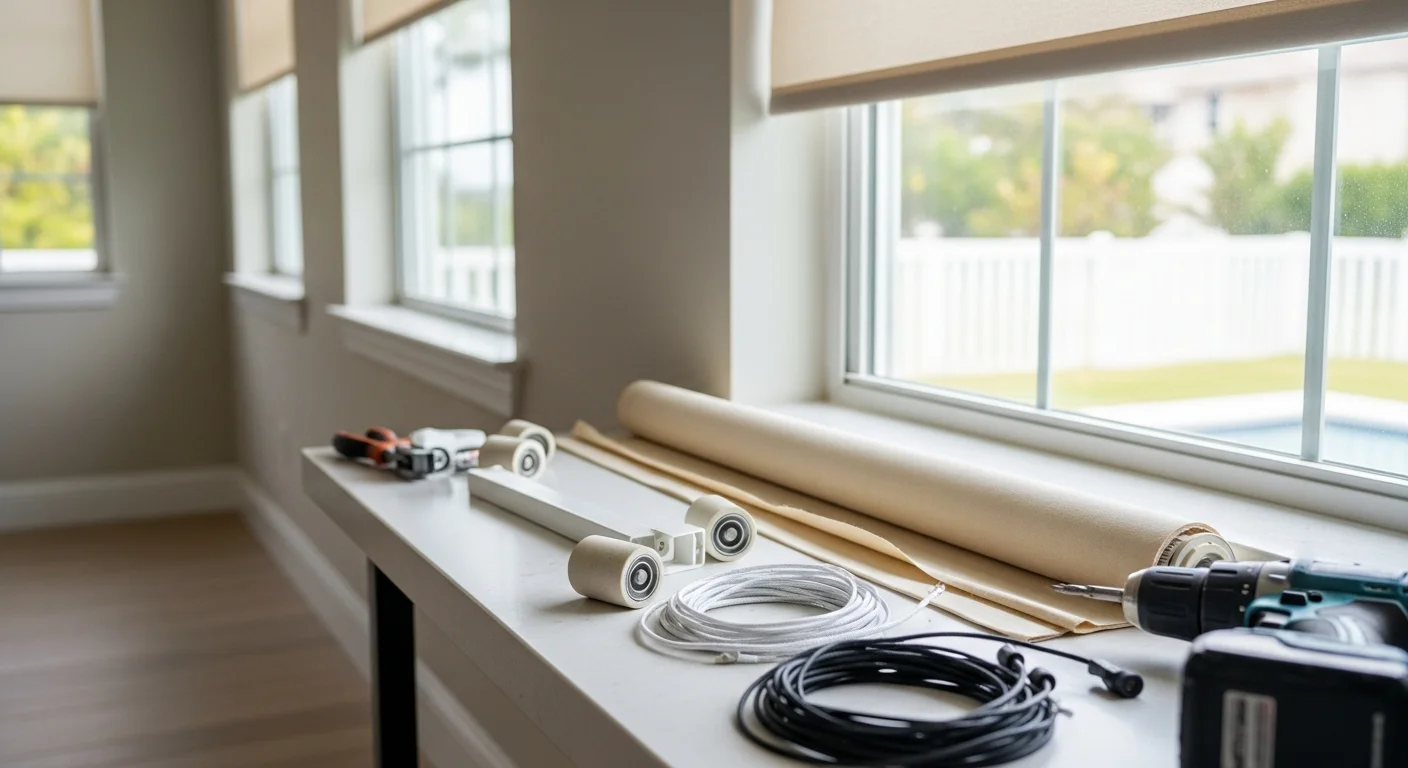 A repaired roller shade mounted on a large window inside a Boca Raton home, operating smoothly with even fabric tension and no visible cord damage. Bright South Florida sunlight filters through the shade fabric, showing restored light control in a residential living space.
