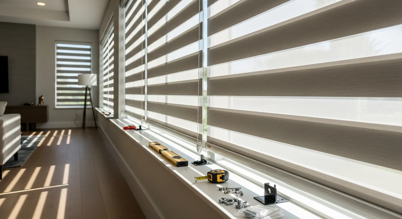 Zebra shades installed on large windows in a Boca Raton living room, with alternating sheer and solid fabric bands partially adjusted to filter afternoon sunlight. The room shows a clean, modern interior with the shades mounted flush inside the window frame.
